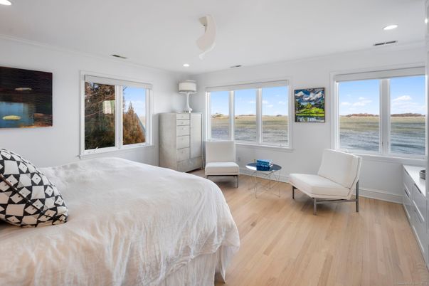 Bedroom, Interior, Recessed Lighting, Water, Wood Texture Flooring