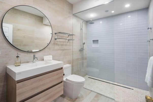 Bathroom, Glass Shower, Interior, Recessed Lighting, Wood Texture Flooring