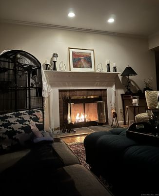 Bedroom, Fireplace, Interior, Recessed Lighting, Wood Texture Flooring