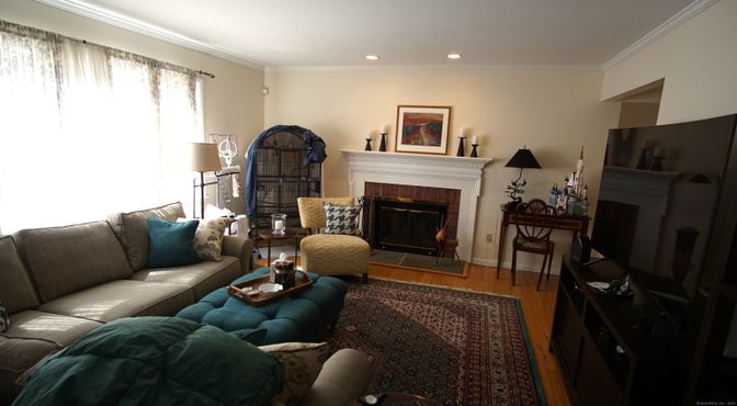 Fireplace, Interior, Living room, Recessed Lighting, Wood Texture Flooring