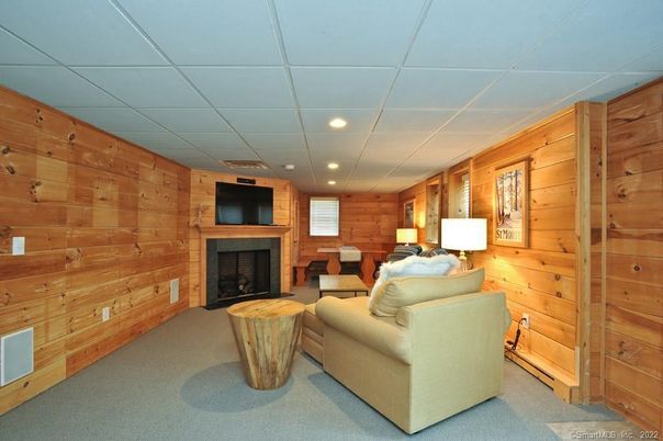 Fireplace, Interior, Living room, Recessed Lighting, Wooden Walls