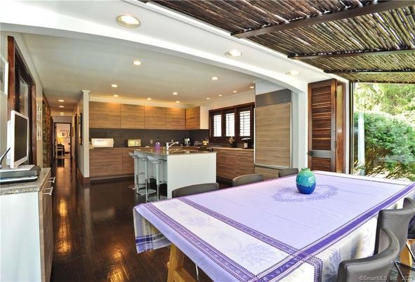 Dining room, Interior, Kitchen, Recessed Lighting, Stainless Steel Appliances, Wood Texture Flooring