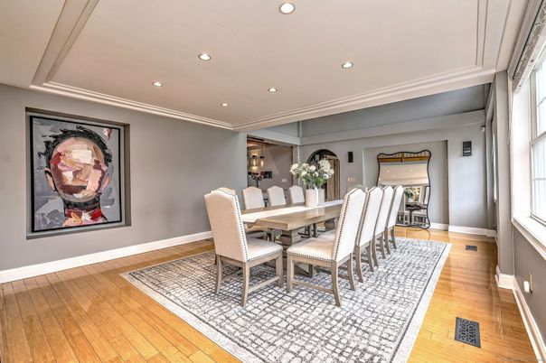 Dining room, Interior, Recessed Lighting, Wood Texture Flooring