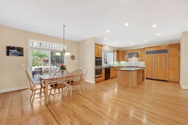 Dining room, Interior, Kitchen, Pendant Lights, Recessed Lighting, Wood Texture Flooring