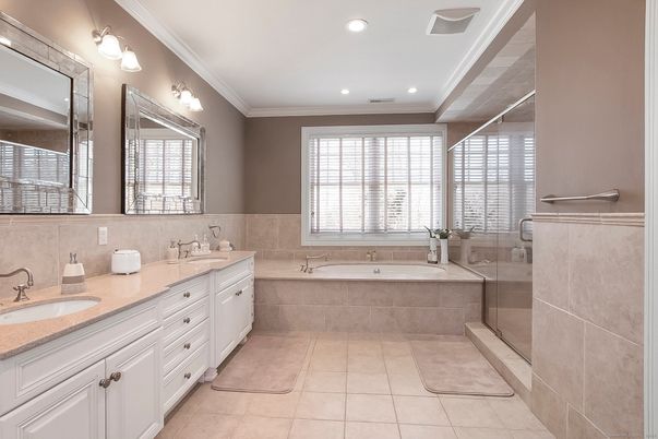 Bathroom, Dual Sink Vanities, Glass Shower, Interior, Recessed Lighting