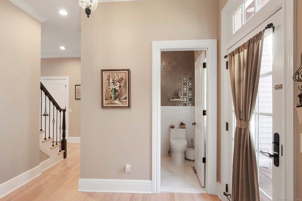 Bathroom, Interior, Marble, Recessed Lighting, Wood Texture Flooring