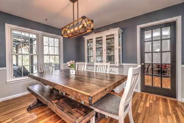 Dining room, Interior, Pendant Lights, Wood Texture Flooring