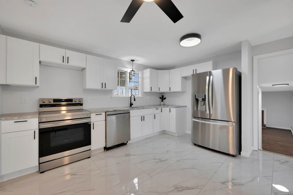 Interior, Kitchen, Marble, Pendant Lights, Stainless Steel Appliances