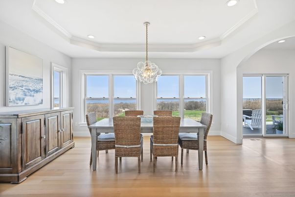 Chandelier, Dining room, Interior, Pendant Lights, Recessed Lighting, Wood Texture Flooring