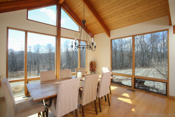 Dining room, Interior, Pendant Lights, Wooden Beams, Wooden Ceilings, Wood Texture Flooring