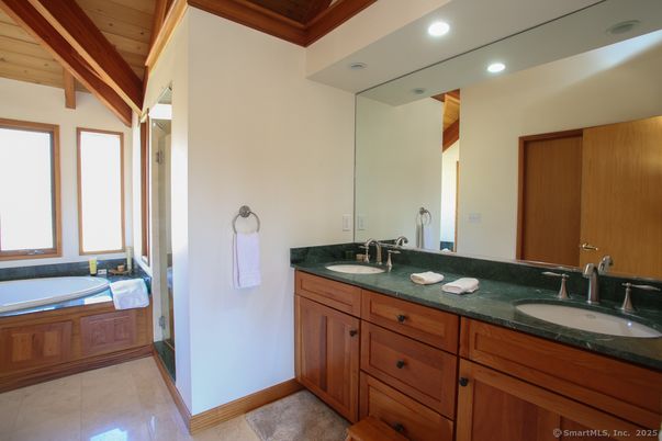 Bathroom, Dual Sink Vanities, Interior, Recessed Lighting, Wooden Ceilings
