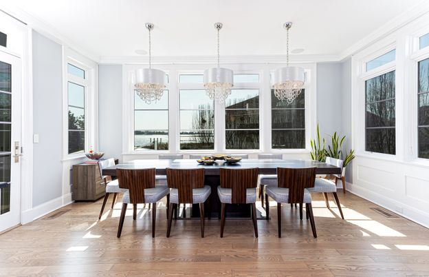Chandelier, Dining room, Interior, Pendant Lights, Wood Texture Flooring