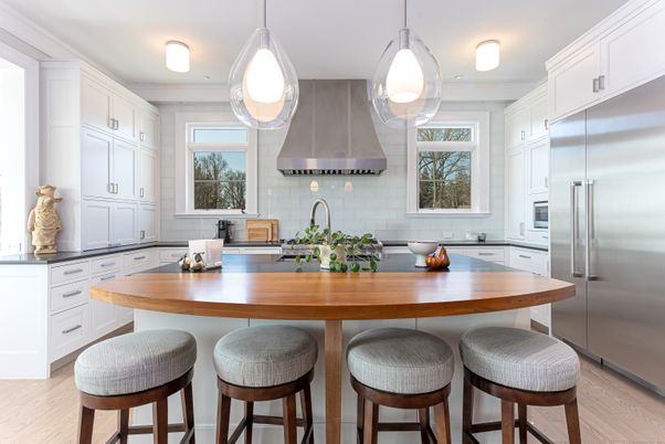 Interior, Kitchen, Pendant Lights, Stainless Steel Appliances, Wood Texture Flooring