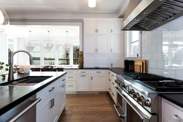 Interior, Kitchen, Pendant Lights, Stainless Steel Appliances, Wood Texture Flooring