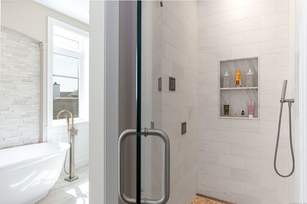 Bathroom, Free Standing Baths, Glass Shower, Interior, Marble Walls