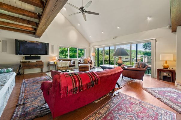 Interior, Living room, Recessed Lighting, Wooden Beams, Wood Texture Flooring