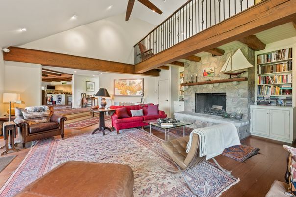 Fireplace, Interior, Living room, Recessed Lighting, Stone Walls, Wooden Beams, Wood Texture Flooring