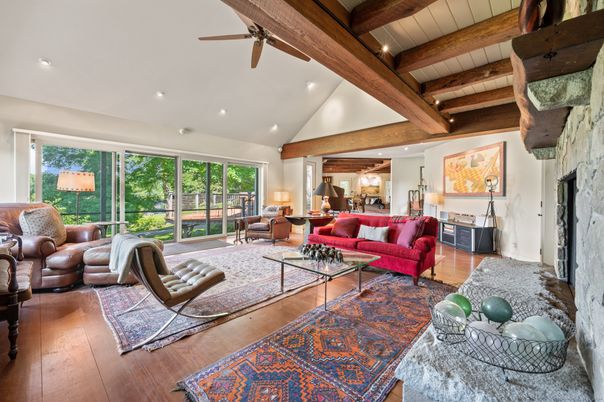 Fireplace, Interior, Living room, Recessed Lighting, Wooden Beams, Wood Texture Flooring