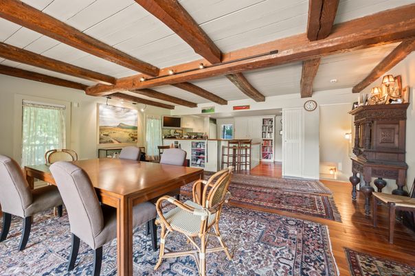 Dining room, Interior, Recessed Lighting, Wooden Beams, Wood Texture Flooring