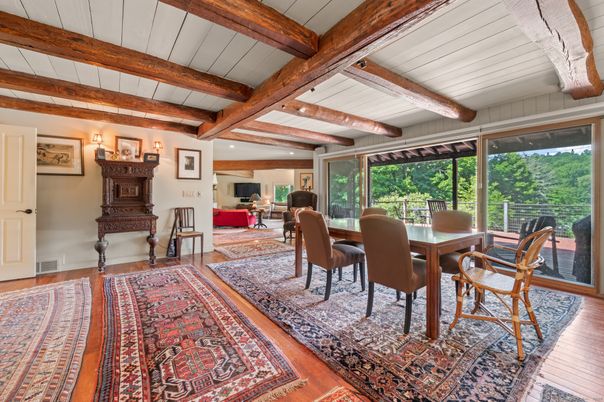 Dining room, Interior, Recessed Lighting, Wooden Beams, Wood Texture Flooring