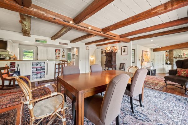 Dining room, Interior, Recessed Lighting, Wooden Beams, Wood Texture Flooring