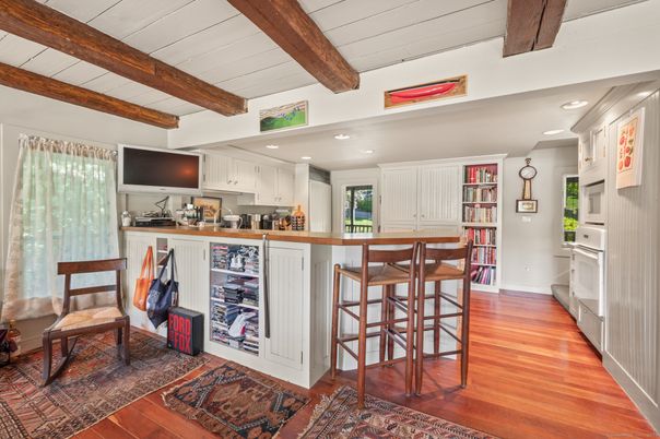 Interior, Kitchen, Recessed Lighting, Wooden Beams, Wood Texture Flooring