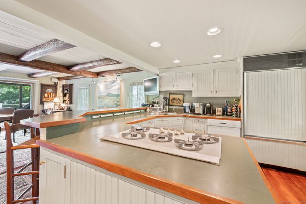 Interior, Kitchen, Recessed Lighting, Wooden Beams, Wood Texture Flooring