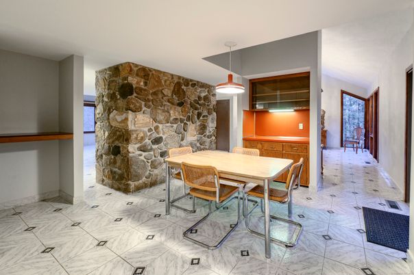 Dining room, Interior, Marble, Pendant Lights, Stone Walls