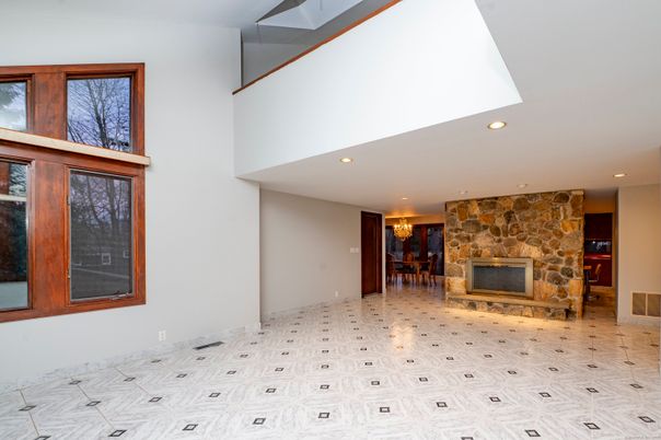 Fireplace, Interior, Recessed Lighting, Stone Walls