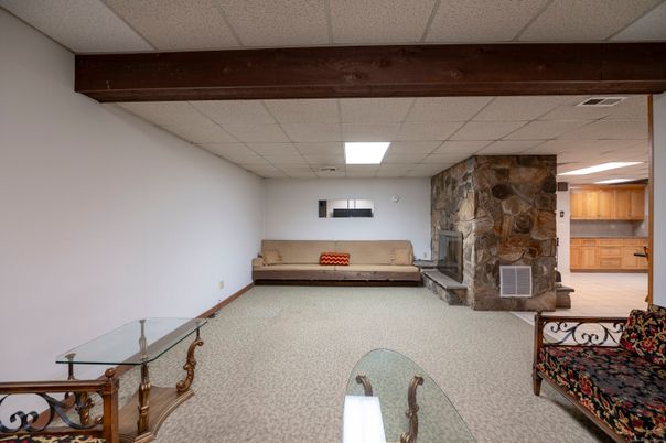 Fireplace, Interior, Recessed Lighting, Stone Walls, Wooden Beams