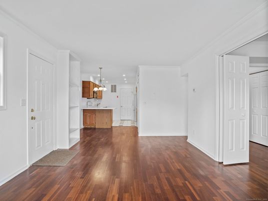 Empty room, Interior, Kitchen, Pendant Lights, Recessed Lighting, Wood Texture Flooring