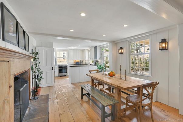 Dining room, Fireplace, Interior, Kitchen, Recessed Lighting, Stainless Steel Appliances
