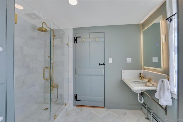 Bathroom, Glass Shower, Interior, Marble, Marble Walls, Recessed Lighting