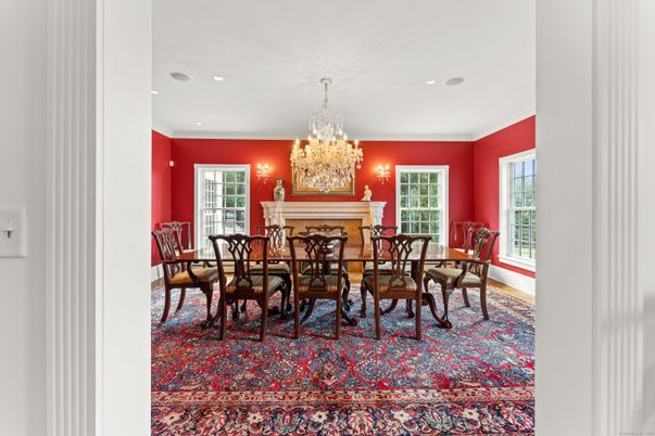 Chandelier, Dining room, Fireplace, Interior, Recessed Lighting