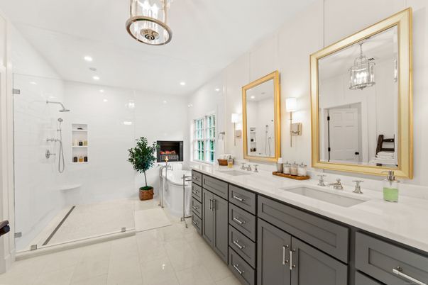 Bathroom, Dual Sink Vanities, Glass Shower, Interior, Marble Walls, Recessed Lighting
