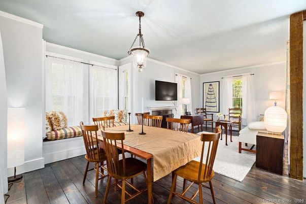 Dining room, Interior, Living room, Pendant Lights, Wood Texture Flooring