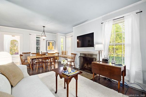 Dining room, Fireplace, Interior, Living room, Pendant Lights, Wood Texture Flooring