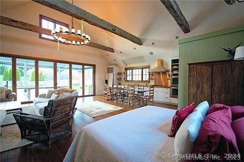 Bedroom, Chandelier, Dining room, Interior, Kitchen, Living room, Recessed Lighting, Wooden Beams, Wood Texture Flooring