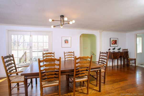 Dining room, Interior, Pendant Lights, Wood Texture Flooring