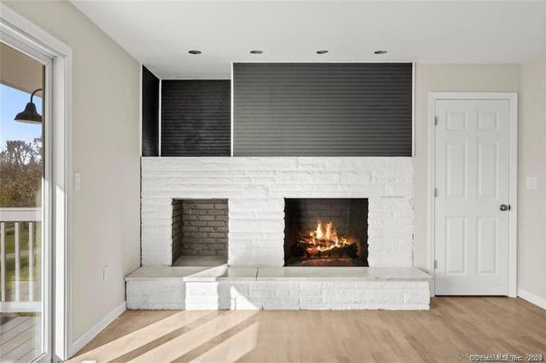 Fireplace, Interior, Recessed Lighting, Wood Texture Flooring
