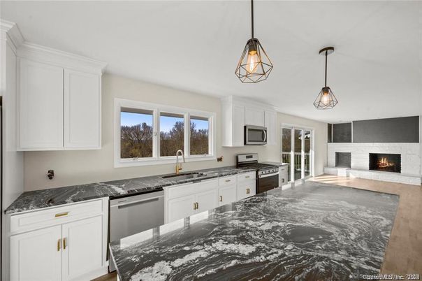 Fireplace, Interior, Kitchen, Pendant Lights, Wood Texture Flooring