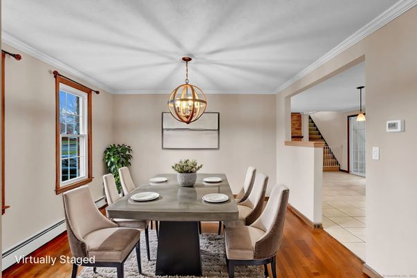 Dining room, Interior, Pendant Lights, Wood Texture Flooring