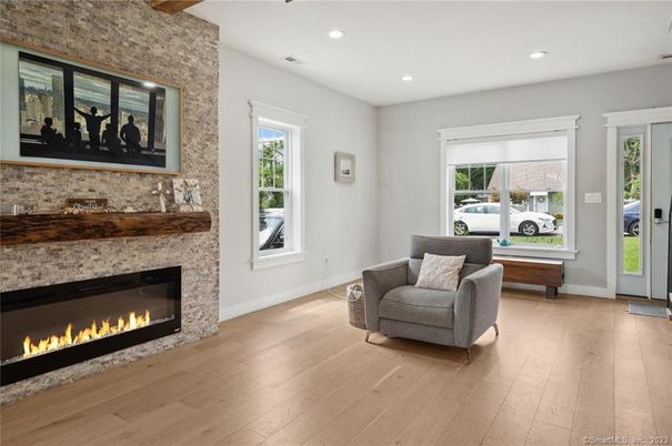 Fireplace, Interior, Recessed Lighting, Stone Walls, Wooden Beams, Wood Texture Flooring