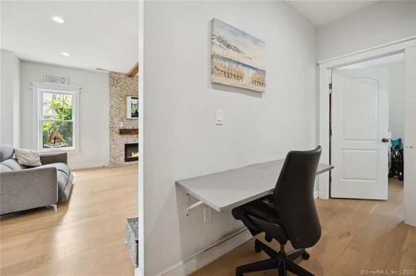 Fireplace, Home Office, Interior, Recessed Lighting, Wood Texture Flooring