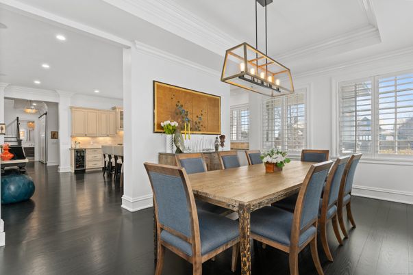 Dining room, Interior, Kitchen, Pendant Lights, Recessed Lighting, Wood Texture Flooring