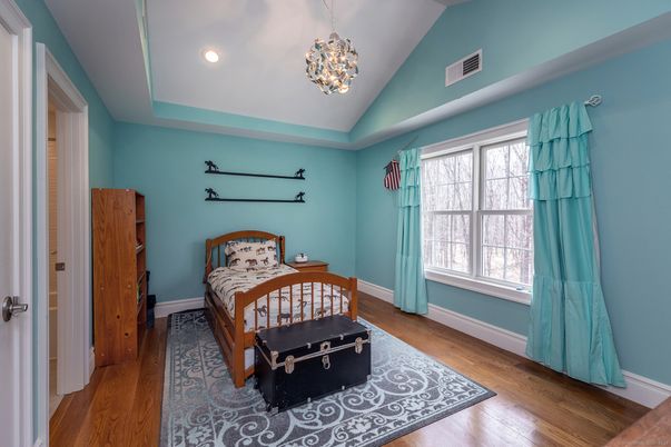 Bedroom, Interior, Pendant Lights, Recessed Lighting, Wood Texture Flooring