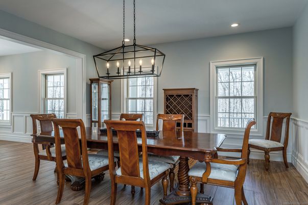 Dining room, Interior, Pendant Lights, Recessed Lighting, Wood Texture Flooring