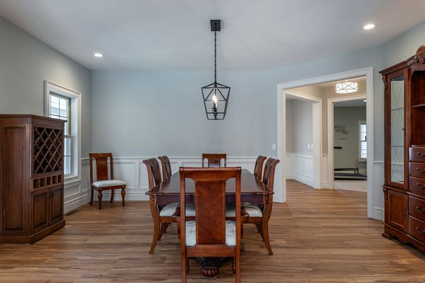 Dining room, Interior, Pendant Lights, Recessed Lighting, Wood Texture Flooring