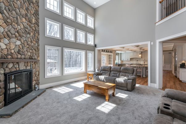 Fireplace, Interior, Kitchen, Living room, Pendant Lights, Recessed Lighting, Stone Walls, Wood Texture Flooring