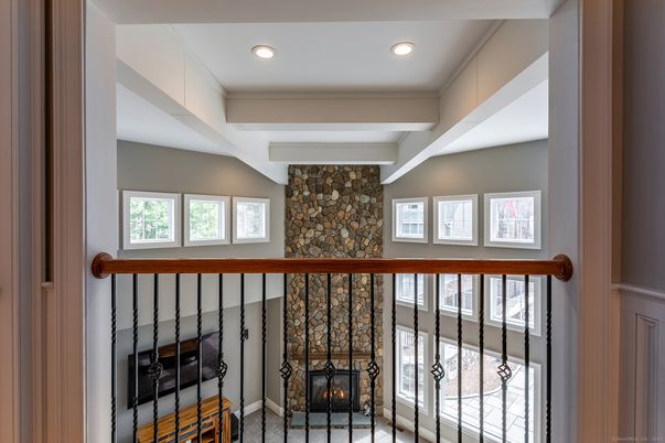 Fireplace, Interior, Recessed Lighting, Stone Walls